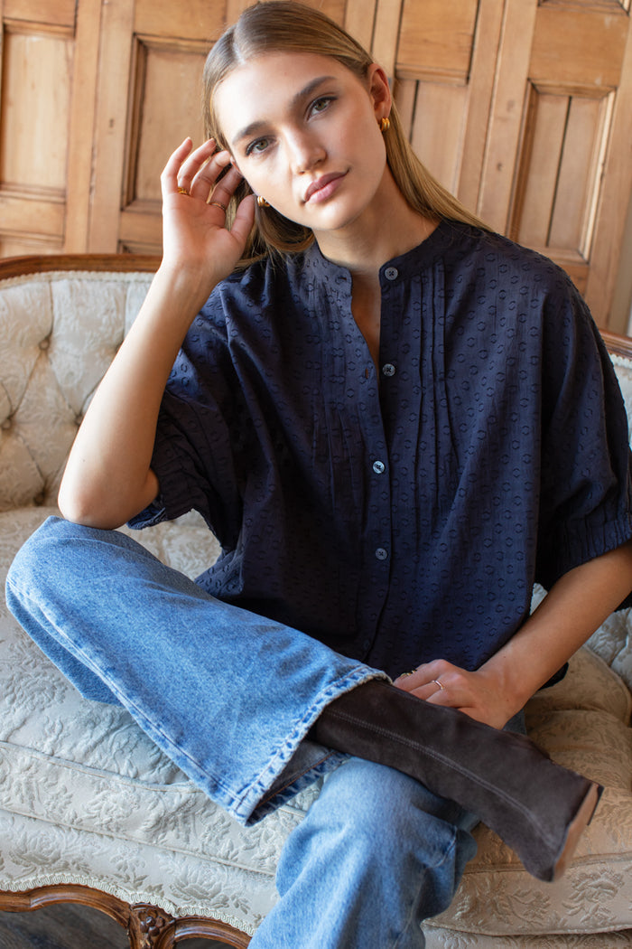 Mandarin Collar Top - Midnight Swiss Dots Organic