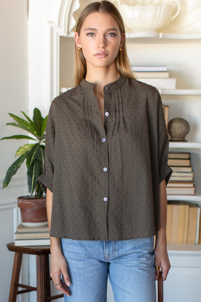Mandarin Collar Top - Olive Grove Swiss Dots Organic