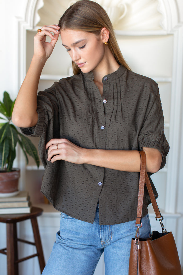 Mandarin Collar Top - Olive Grove Swiss Dots Organic