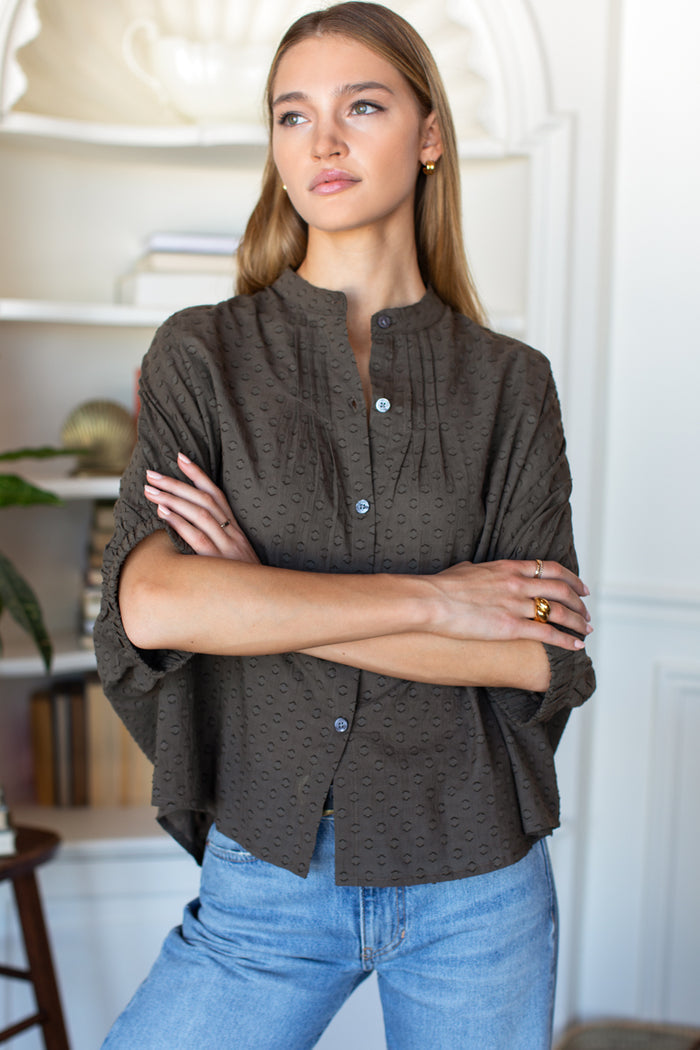Mandarin Collar Top - Olive Grove Swiss Dots Organic