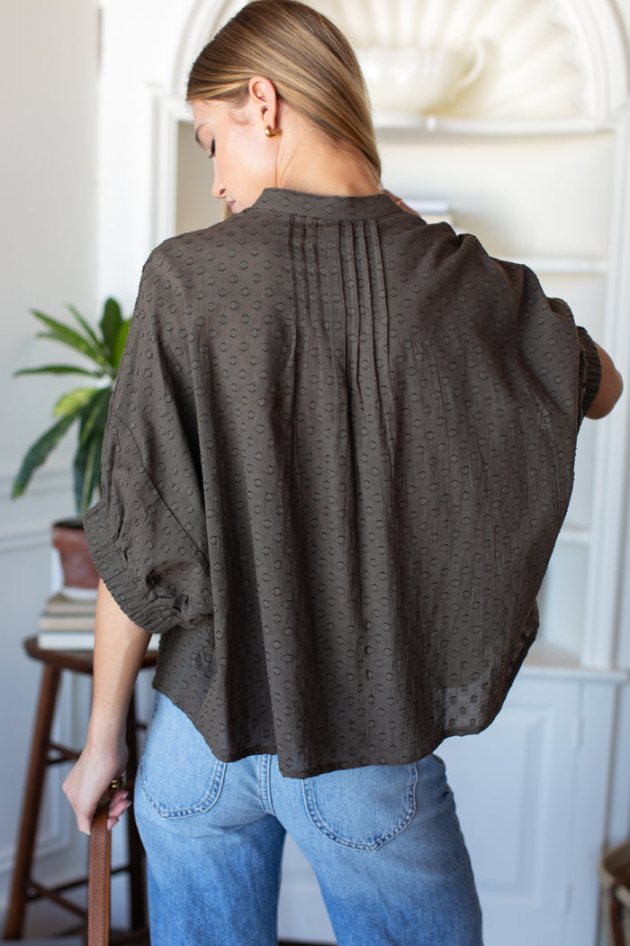 Mandarin Collar Top - Olive Grove Swiss Dots Organic