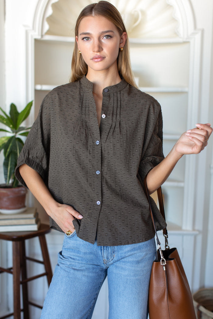 Mandarin Collar Top - Olive Grove Swiss Dots Organic