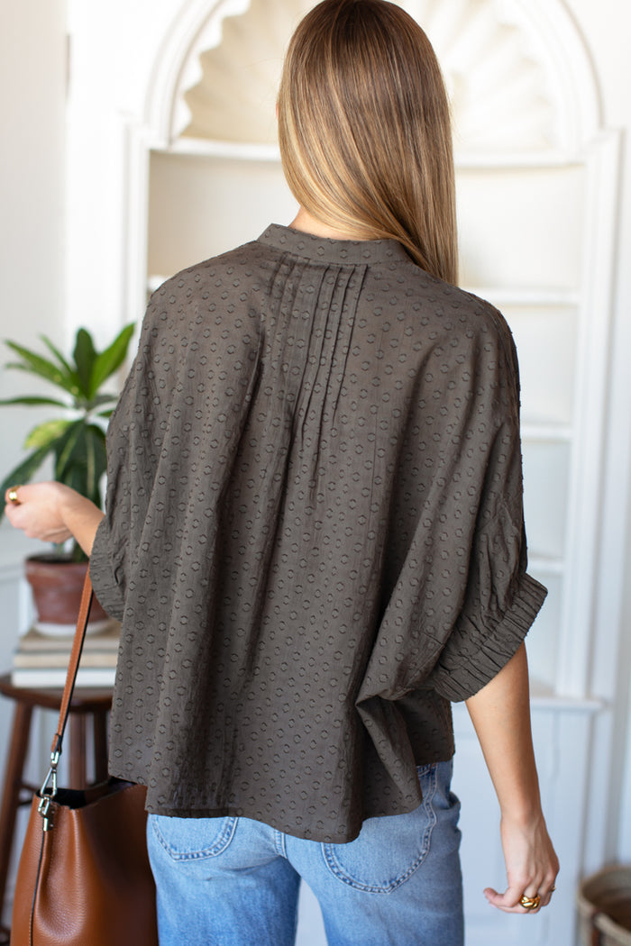 Mandarin Collar Top - Olive Grove Swiss Dots Organic