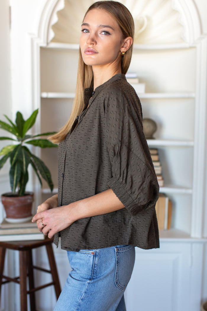 Mandarin Collar Top - Olive Grove Swiss Dots Organic
