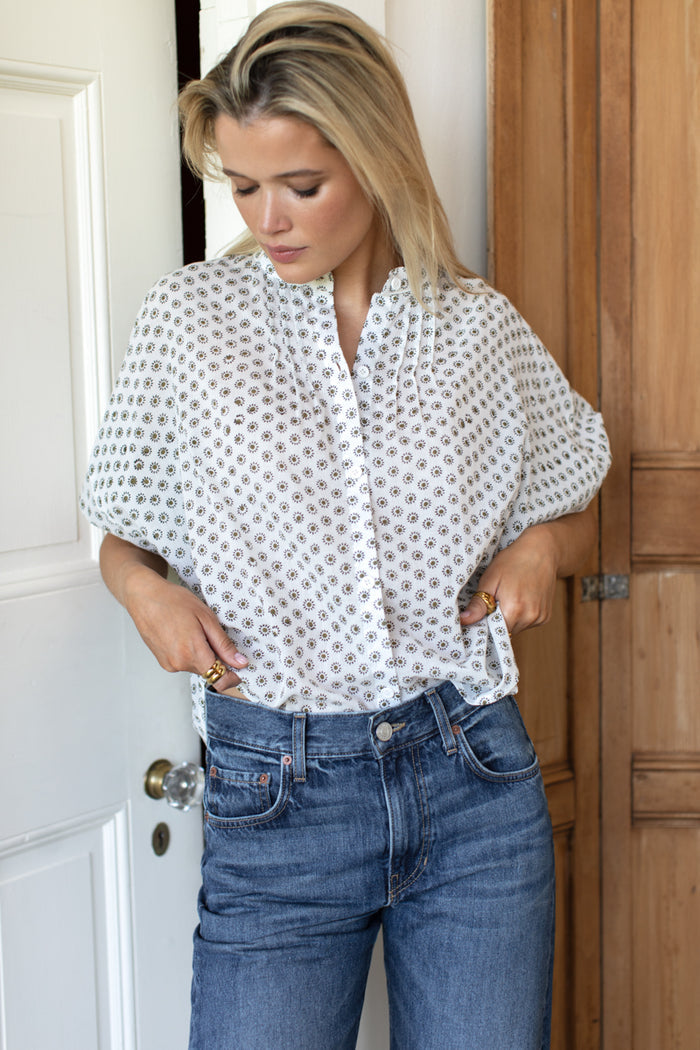 Mandarin Collar Top - Signet Olive Organic