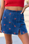 My Favorite Stretchy Dark Wash Cherry Embroidered Side Slit Denim Skort SALE