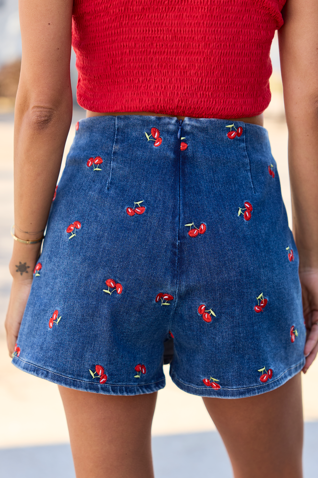 My Favorite Stretchy Dark Wash Cherry Embroidered Side Slit Denim Skort SALE