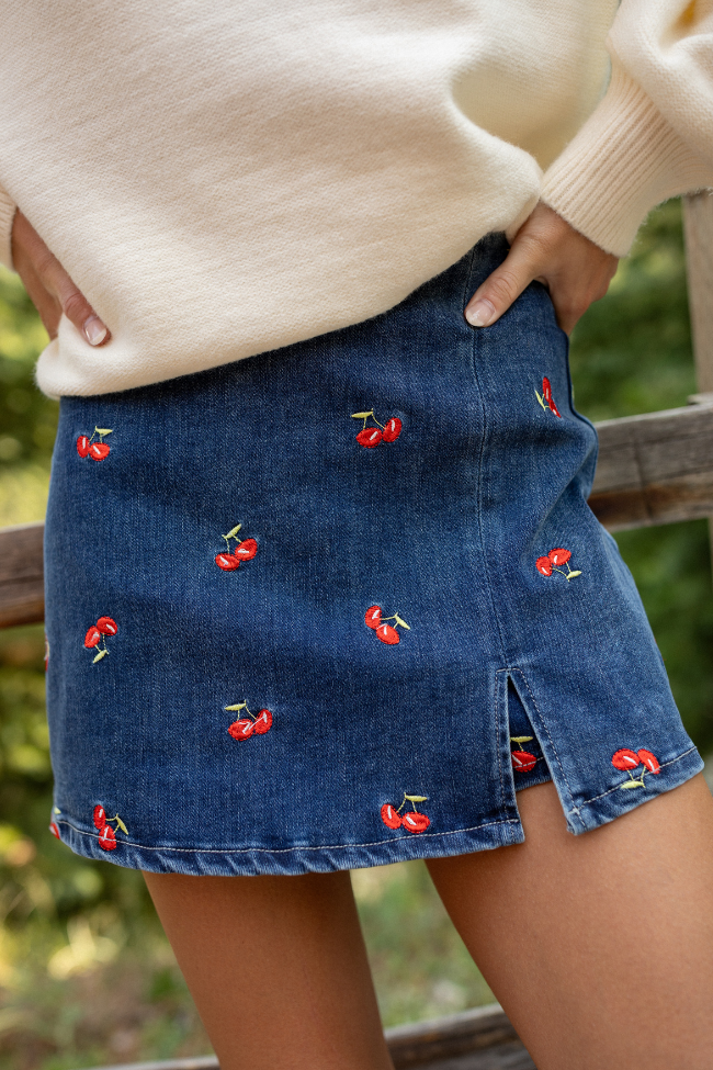 My Favorite Stretchy Dark Wash Cherry Embroidered Side Slit Denim Skort SALE