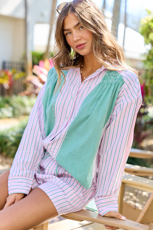 Palm Grove Light Pink and Green Multi Stripe Button Down Shirt FINAL SALE