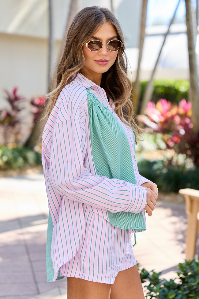 Palm Grove Light Pink and Green Multi Stripe Button Down Shirt FINAL SALE