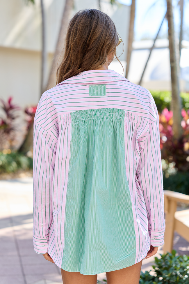 Palm Grove Light Pink and Green Multi Stripe Button Down Shirt FINAL SALE