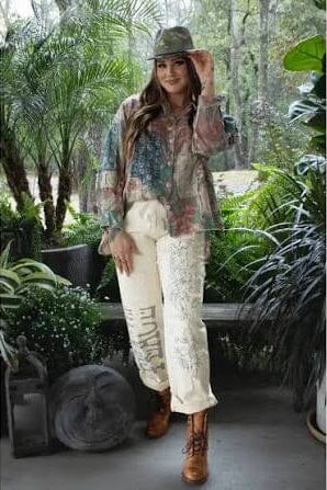Jaded Gypsy Parchment Peace And Love Jeans with distressed details, PEACE leg graphic, floral artwork, and embroidered back design
