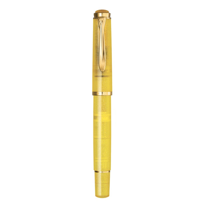 Pelikan Classic 200 Special Edition Pyrite fountain pen, capped, showing the translucent gold shimmer resin body