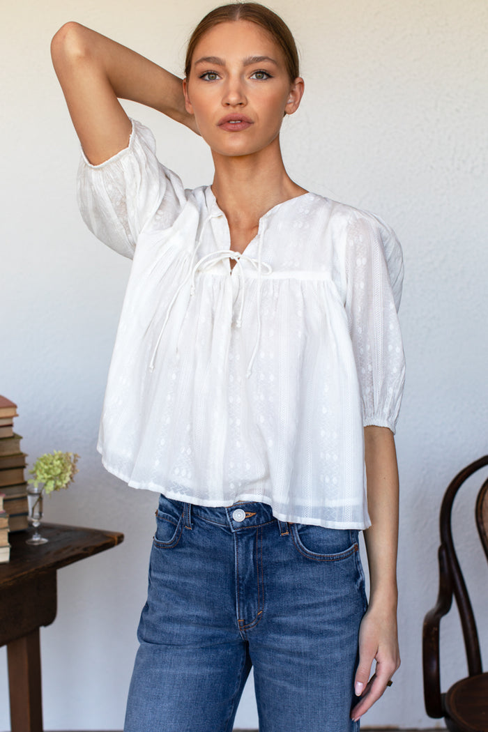 Puff Isla Top - White Cotton Dobby Jacquard