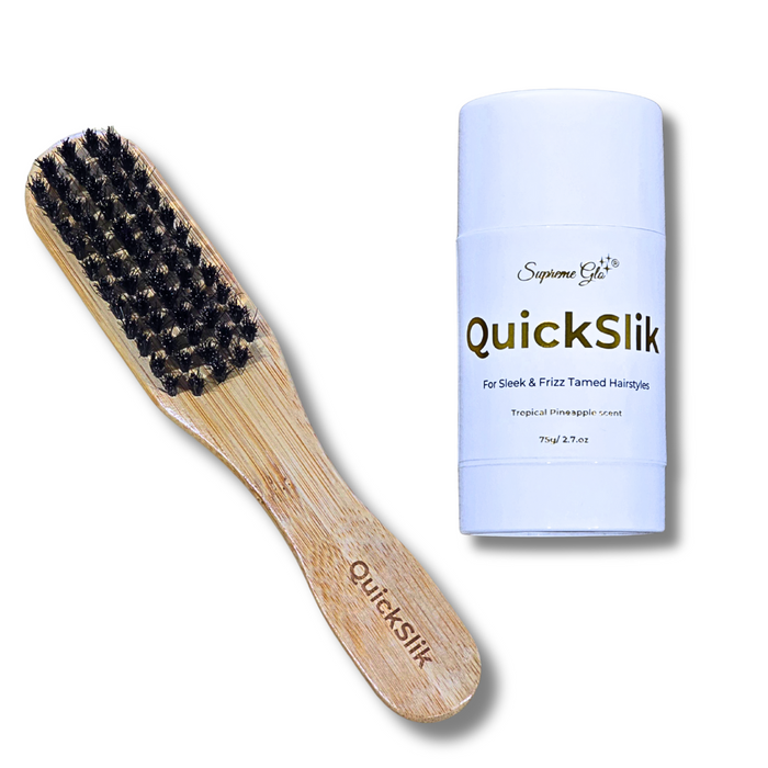 Wooden hairbrush and 'Quickslick' product on a white background