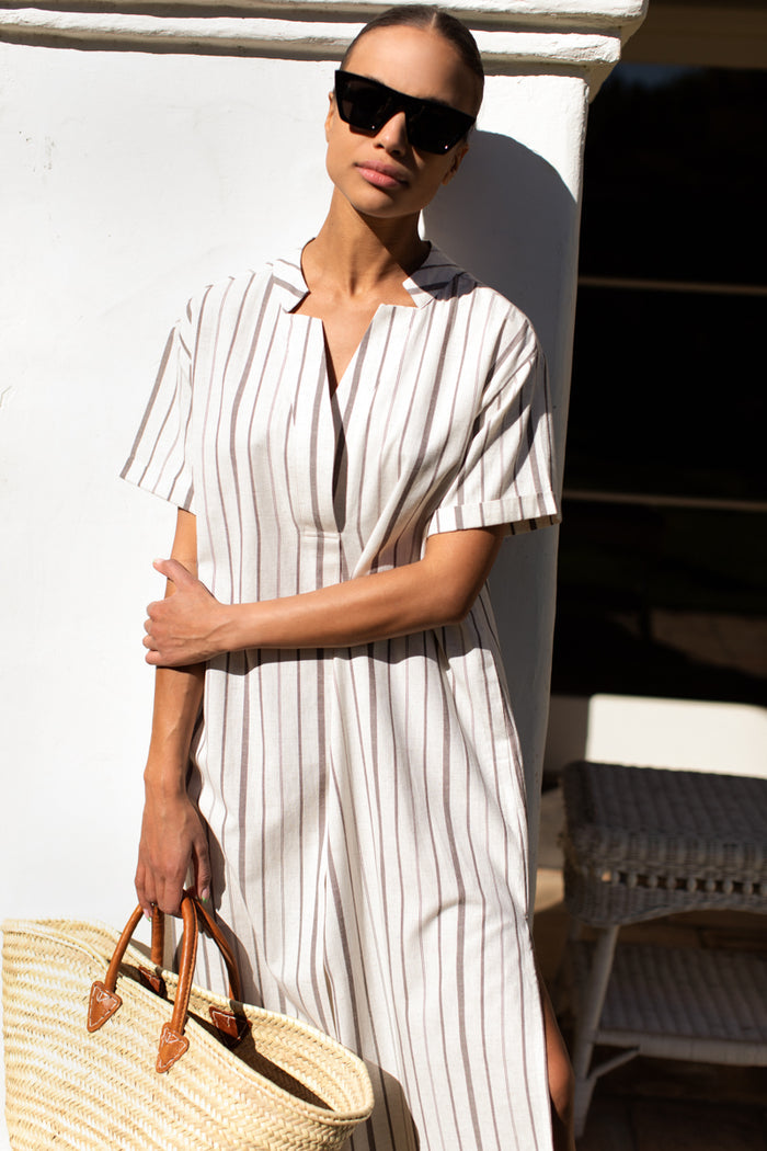 Rolled Sleeve V Caftan - Seville Stripe Walnut