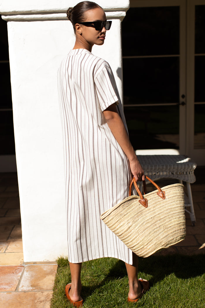Rolled Sleeve V Caftan - Seville Stripe Walnut