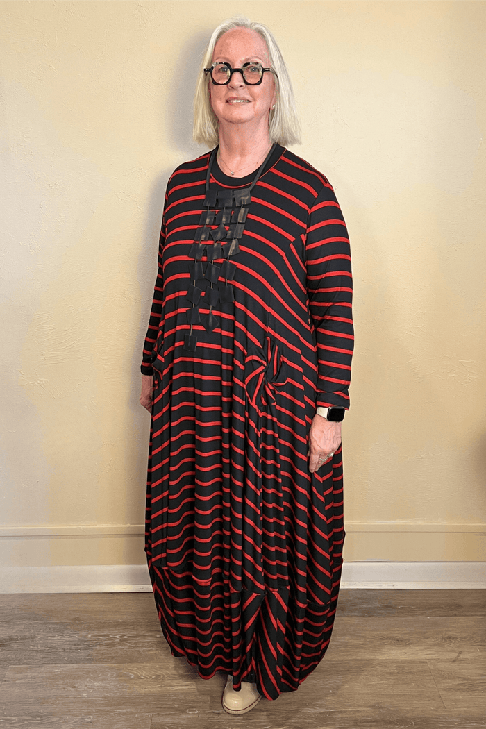 Rosette Pocket Stripe Dress - Red