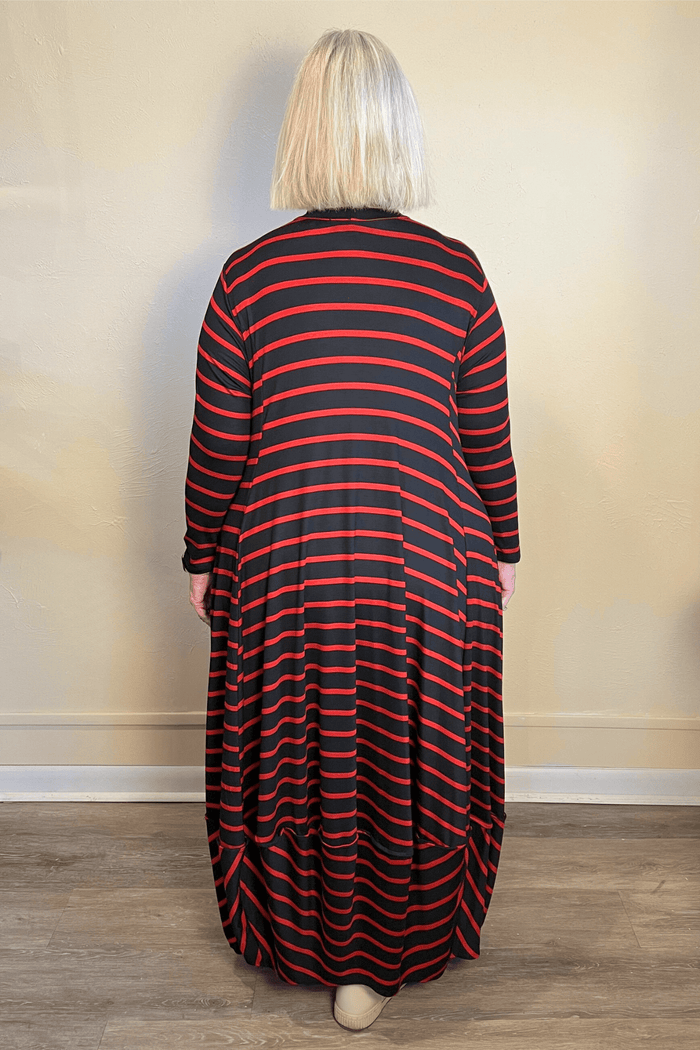 Rosette Pocket Stripe Dress - Red