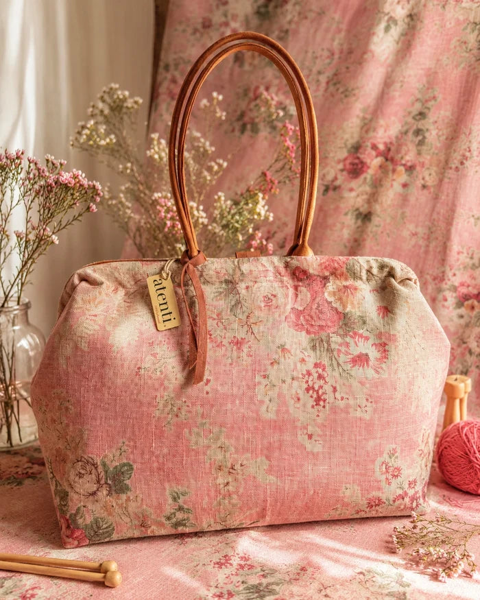 Atenti Rosewood Pioneer handbag with faded rose print, caramel double handles and piping, and contrasting caramel base with metal feet