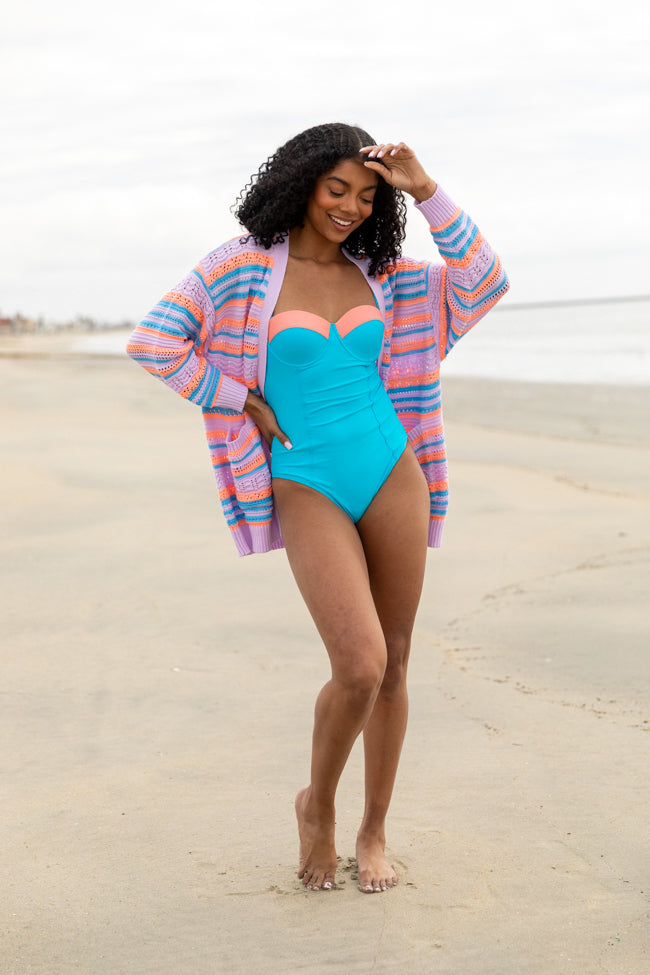 Sandbar Soiree Blue and Coral Contrast Trim One Piece Swimsuit FINAL SALE