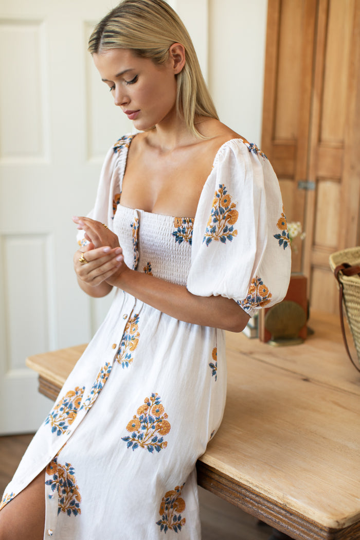 Santiago 4 Maxi Dress - Tomas Flowers Marigolds Linen
