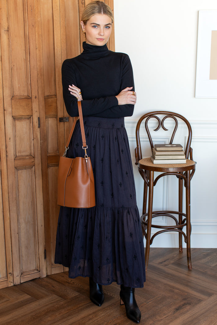 Shirred Skirt - Embroidered Clover Midnight