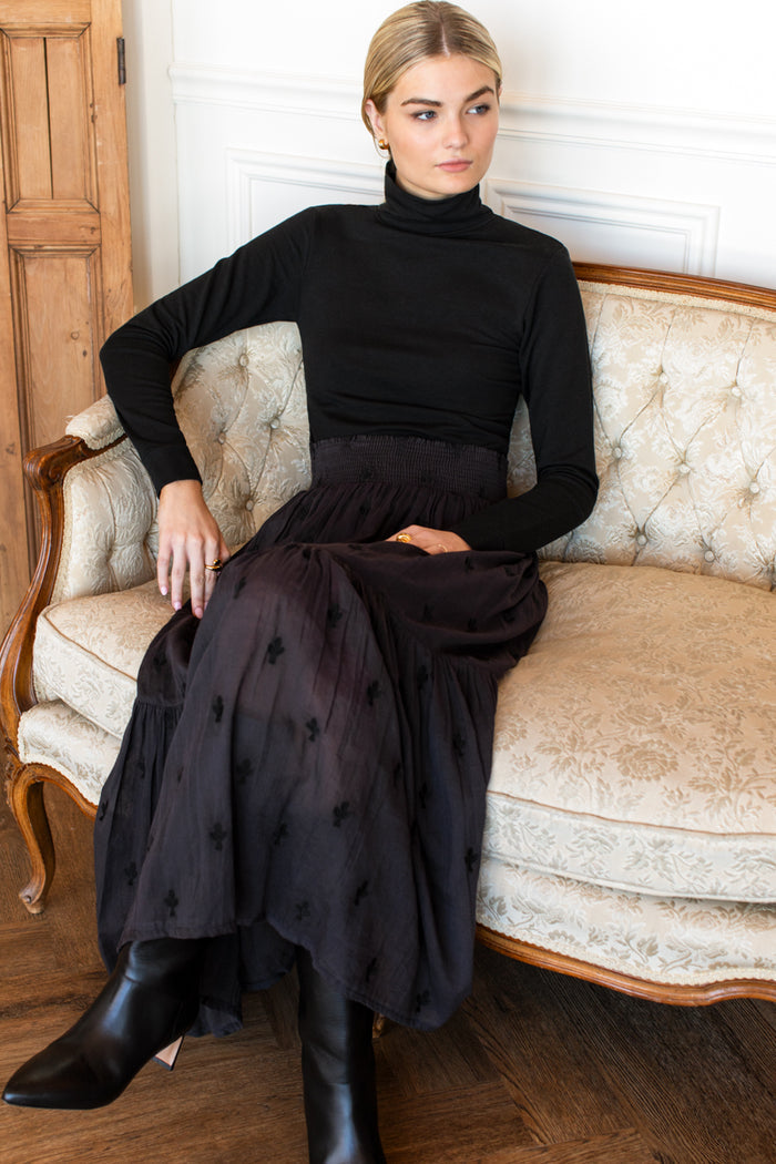 Shirred Skirt - Embroidered Clover Midnight