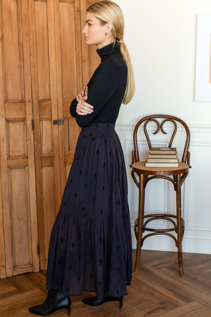 Shirred Skirt - Embroidered Clover Midnight
