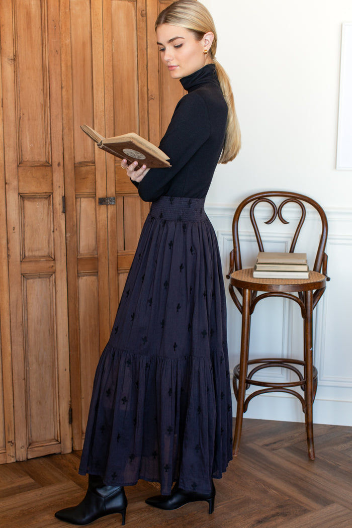 Shirred Skirt - Embroidered Clover Midnight