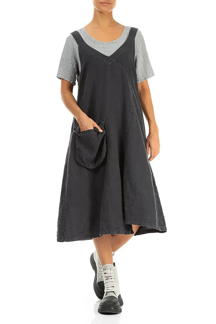Side Pocket Graphite Linen Pinafore Dress