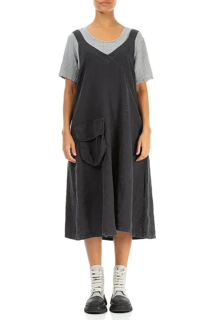 Side Pocket Graphite Linen Pinafore Dress