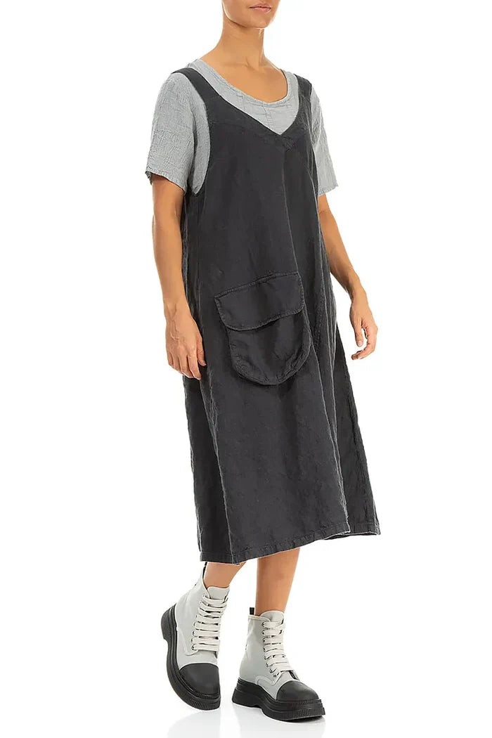 Side Pocket Graphite Linen Pinafore Dress