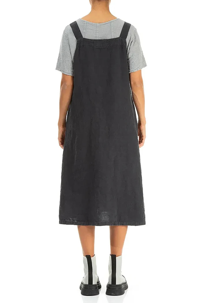 Side Pocket Graphite Linen Pinafore Dress
