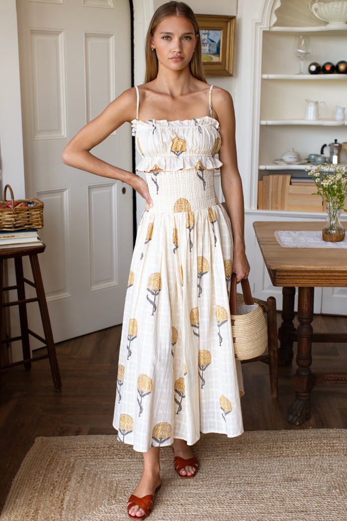 Smocked Maxi Skirt - Fan Flowers Marigold