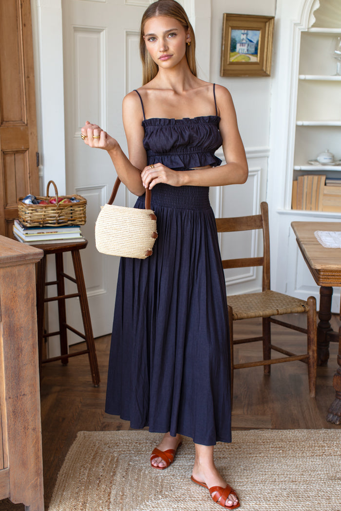 Smocked Maxi Skirt - Midnight Linen