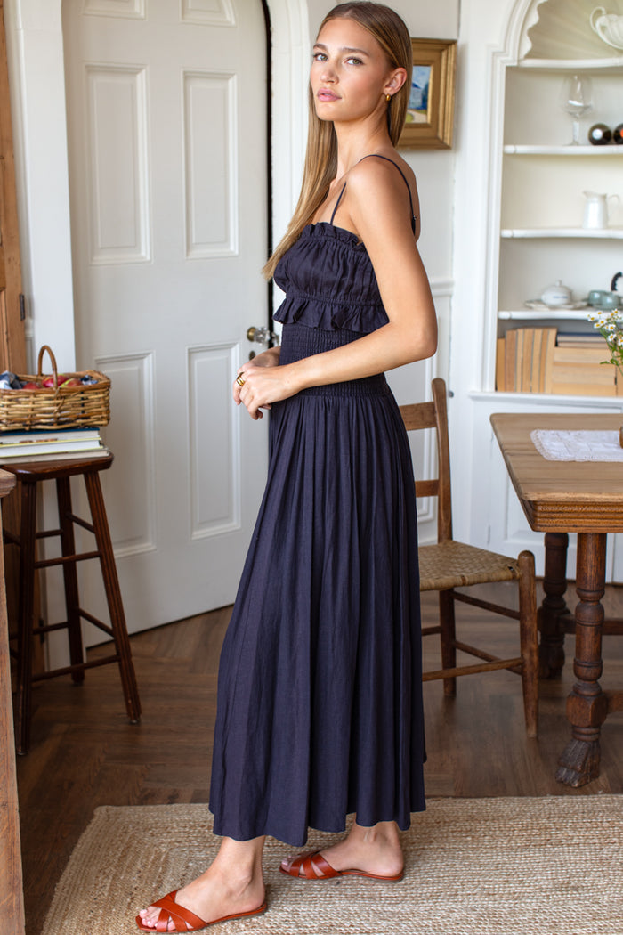 Smocked Maxi Skirt - Midnight Linen