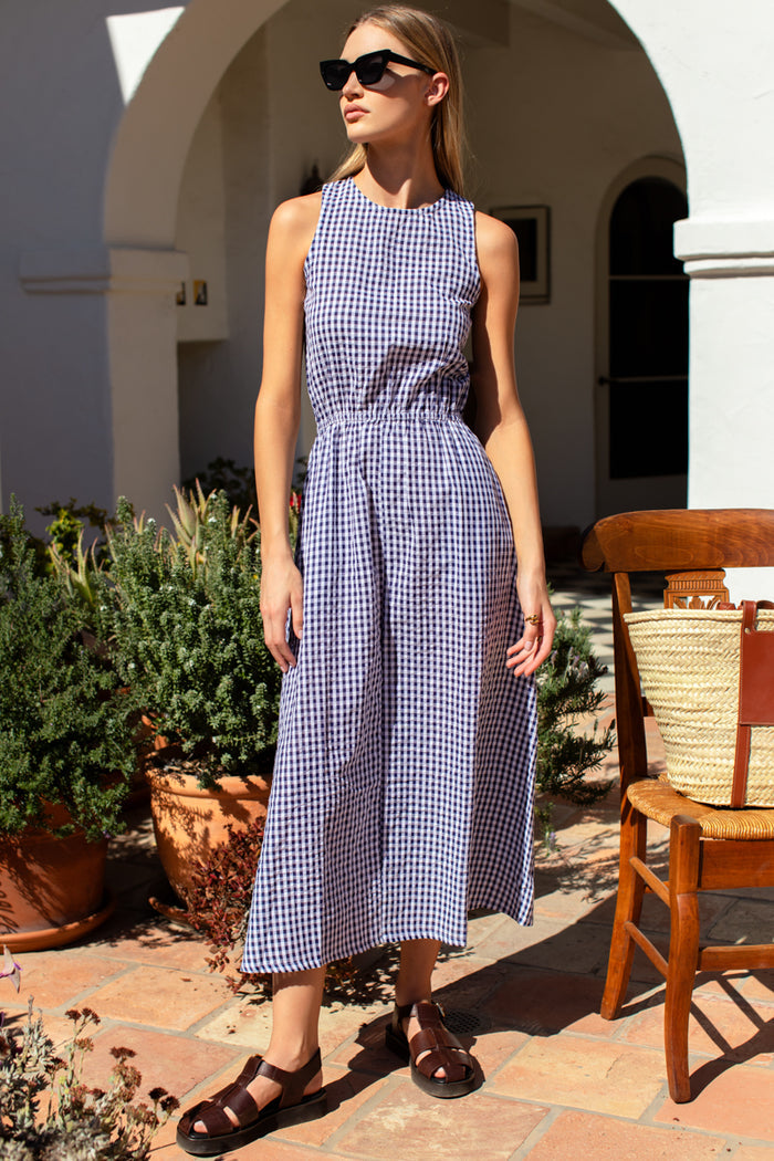 Studio Sundress - Navy + White Seersucker Check