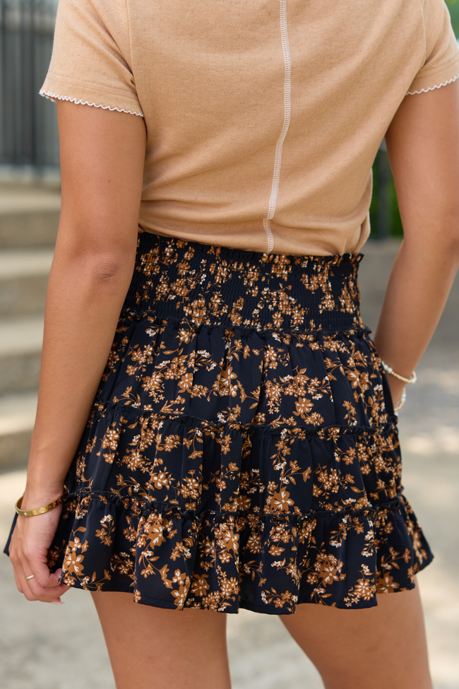 Through The Garden Black And Tan Floral Mini Skort