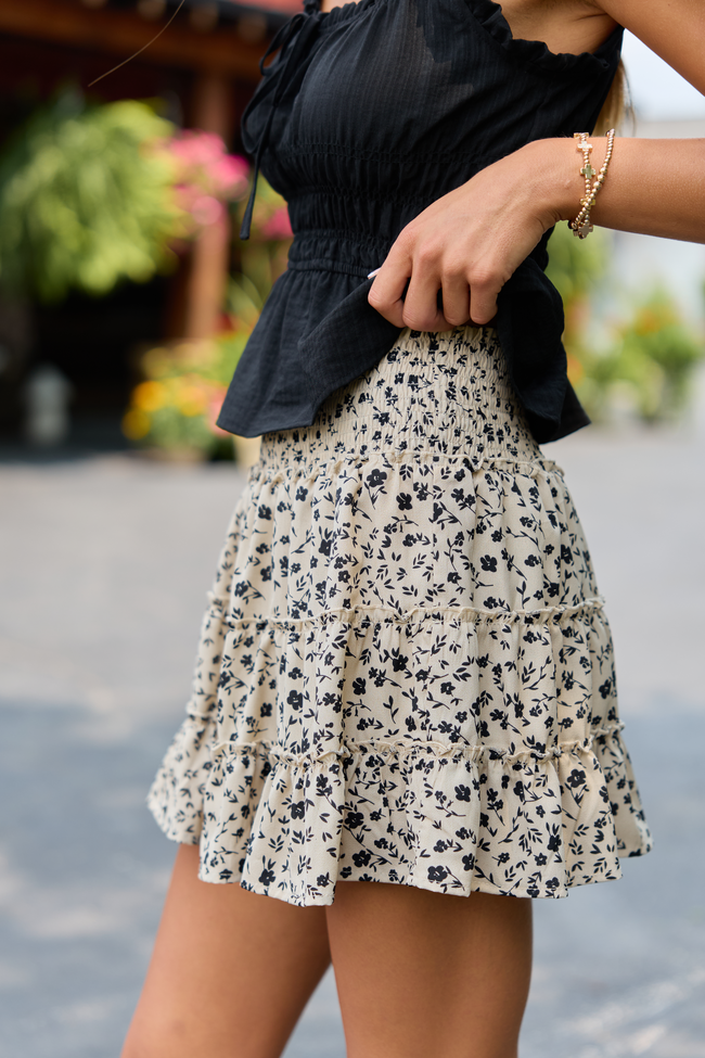 Through The Garden Taupe and Black Floral Mini Skort