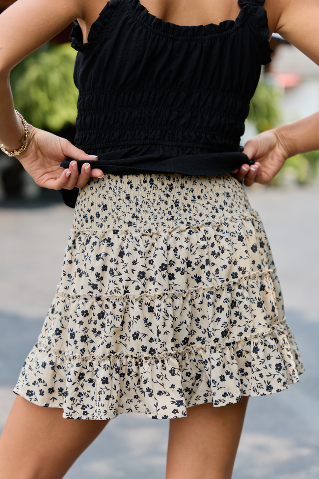 Through The Garden Taupe and Black Floral Mini Skort