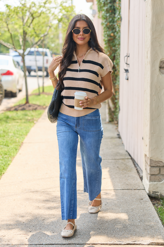 Time Can Tell Beige And Black Quarter Zip Striped Short Sleeve Pullover