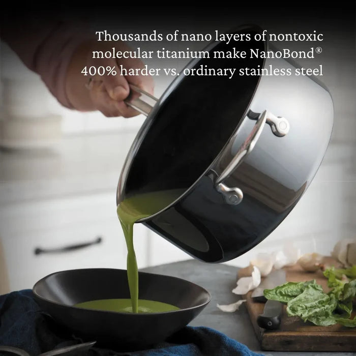 A person pours green soup from a gleaming NanoBond® Titanium Saucepan into a black bowl. Text above reads: Thousands of nano layers of nontoxic molecular titanium make NanoBond® 400% harder than ordinary stainless steel. Lettuce sits nearby.