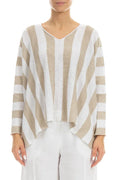V-Neck Striped Natural Linen Sweater