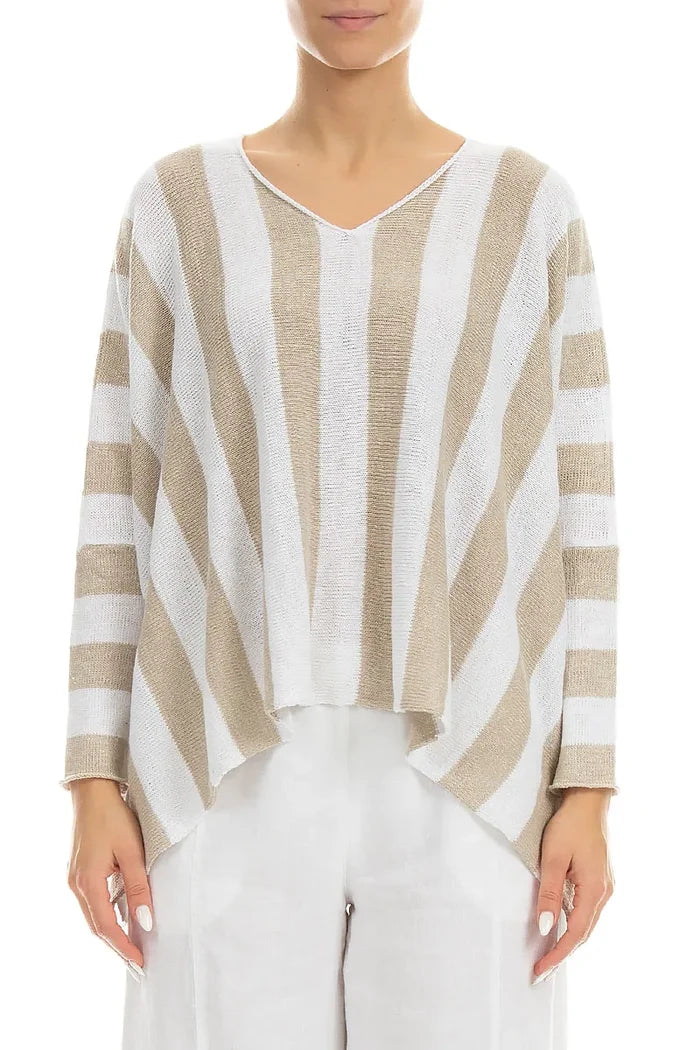 V-Neck Striped Natural Linen Sweater