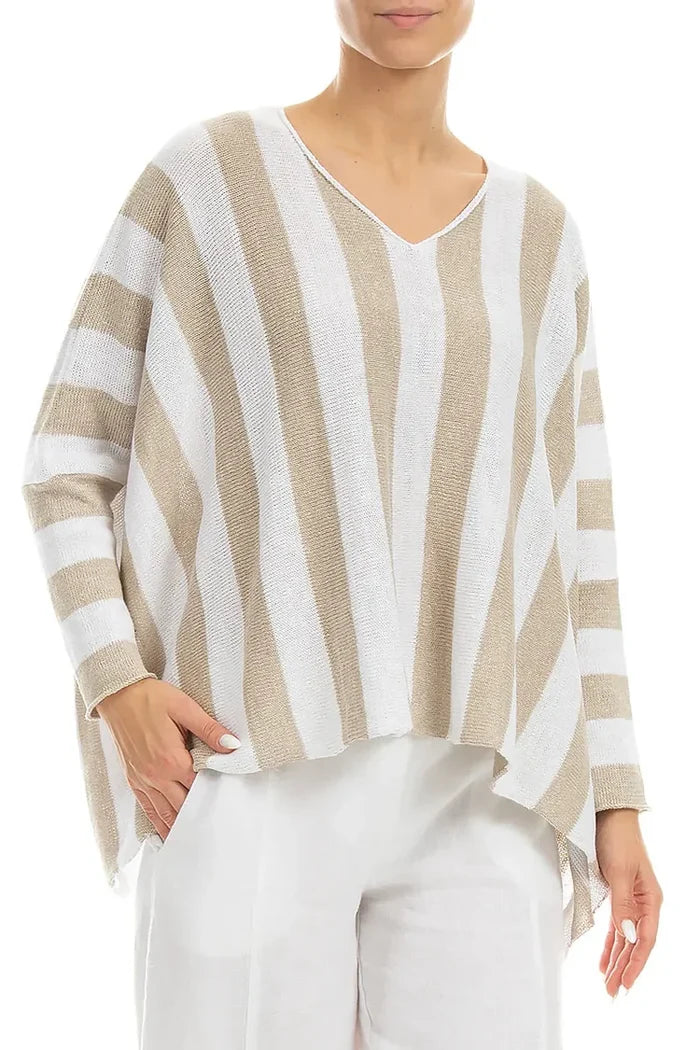 V-Neck Striped Natural Linen Sweater
