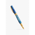 Visconti Mirage Mythos Odysseus fountain pen, capped, showing the blue and turquoise swirl acrylic body with gold-tone trim