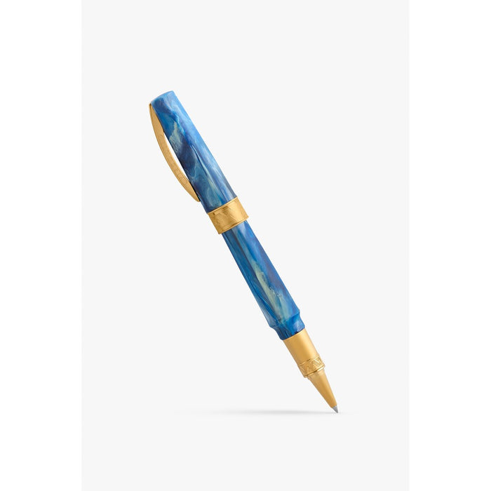 Visconti Mirage Mythos Odysseus rollerball pen, showing the blue and turquoise swirl acrylic body with gold-tone trim and rollerball tip
