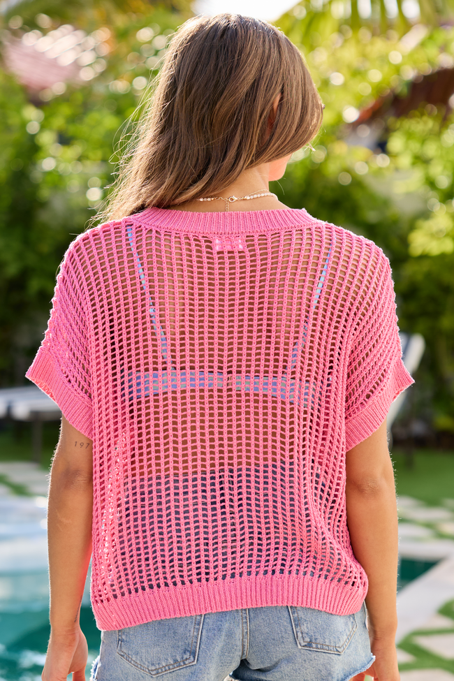 Wave Of Relief Pink Short Sleeve Open Knit Cover Up Sweater FINAL SALE