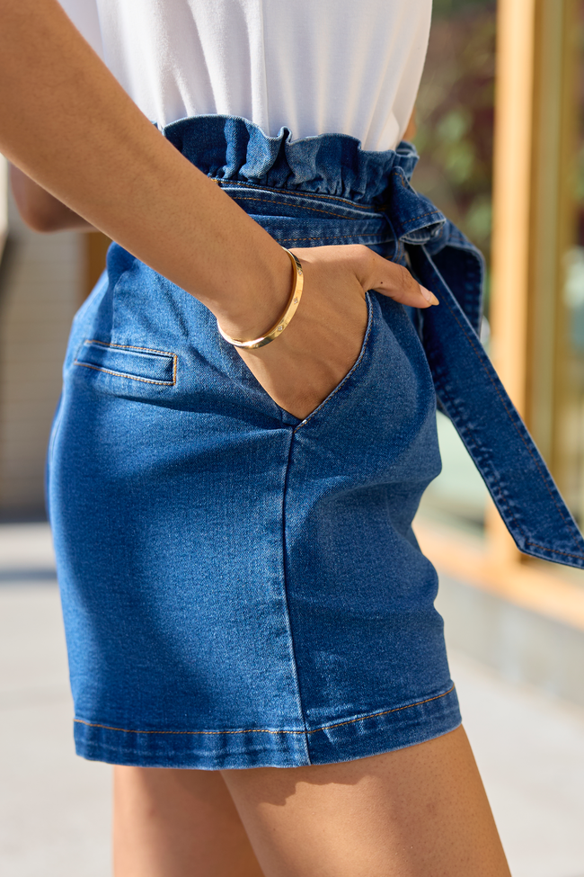 What's New Dark Wash Paperbag Waist Belted Denim Shorts FINAL SALE